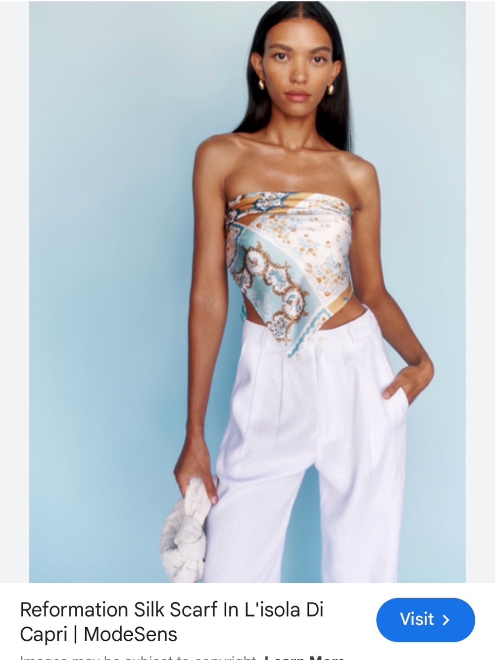 Reformation Paisley Silk Bandana Top in Light Blue & Gold